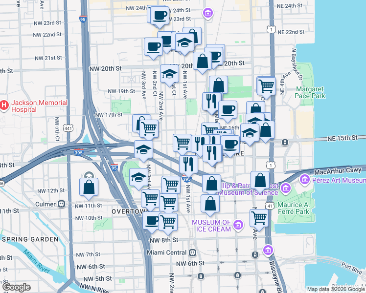 map of restaurants, bars, coffee shops, grocery stores, and more near 139 Northwest 15th Street in Miami