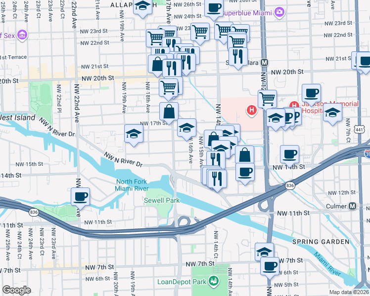 map of restaurants, bars, coffee shops, grocery stores, and more near 1531 Northwest 16th Avenue in Miami