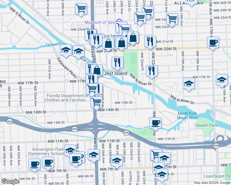 map of restaurants, bars, coffee shops, grocery stores, and more near 2415 Northwest 16th Street Road in Miami
