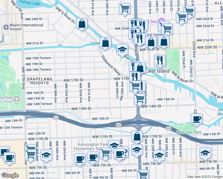 map of restaurants, bars, coffee shops, grocery stores, and more near 3001 Northwest 16th Street in Miami