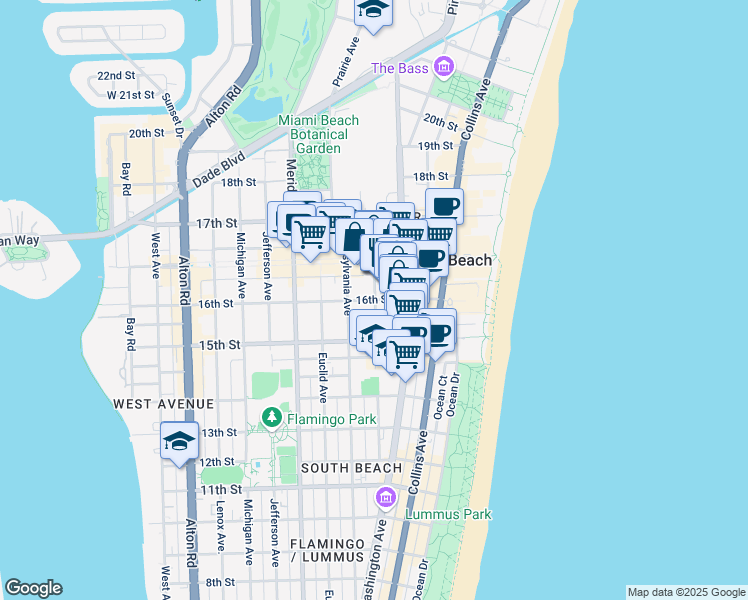 map of restaurants, bars, coffee shops, grocery stores, and more near 16th Street & Drexel Avenue in Miami Beach