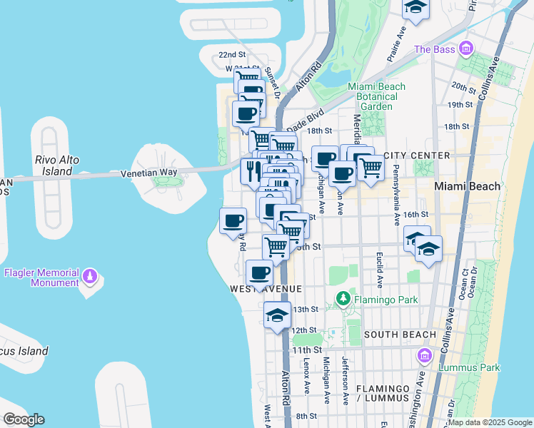 map of restaurants, bars, coffee shops, grocery stores, and more near 1601 West Avenue in Miami Beach