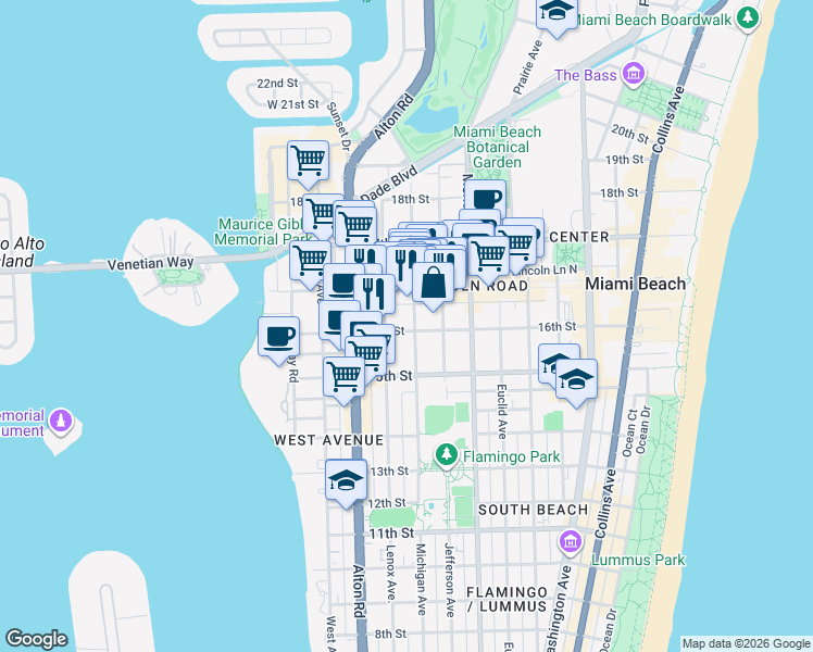 map of restaurants, bars, coffee shops, grocery stores, and more near 1610 Michigan Avenue in Miami Beach