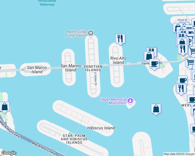 map of restaurants, bars, coffee shops, grocery stores, and more near 310 East Dilido Drive in Miami Beach