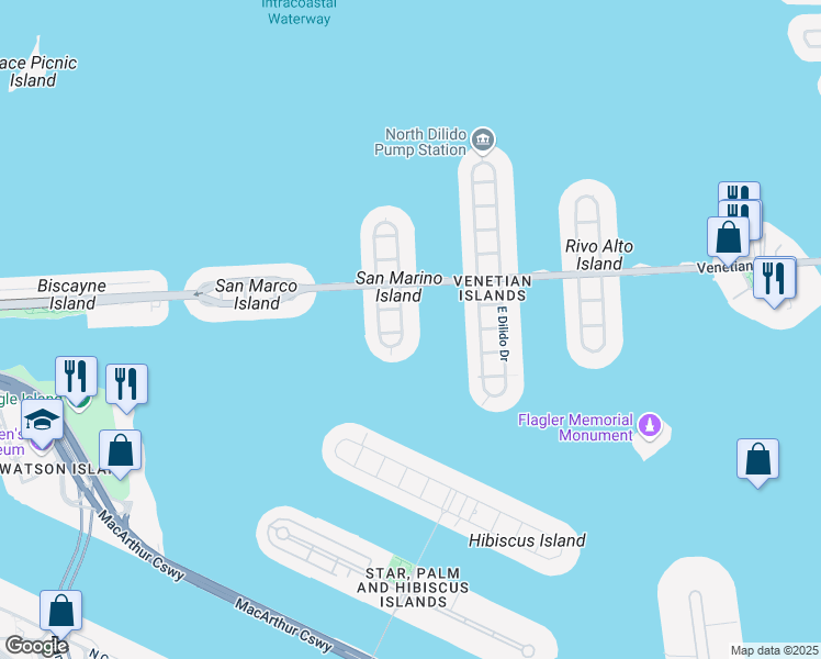 map of restaurants, bars, coffee shops, grocery stores, and more near 105 East San Marino Drive in Miami Beach
