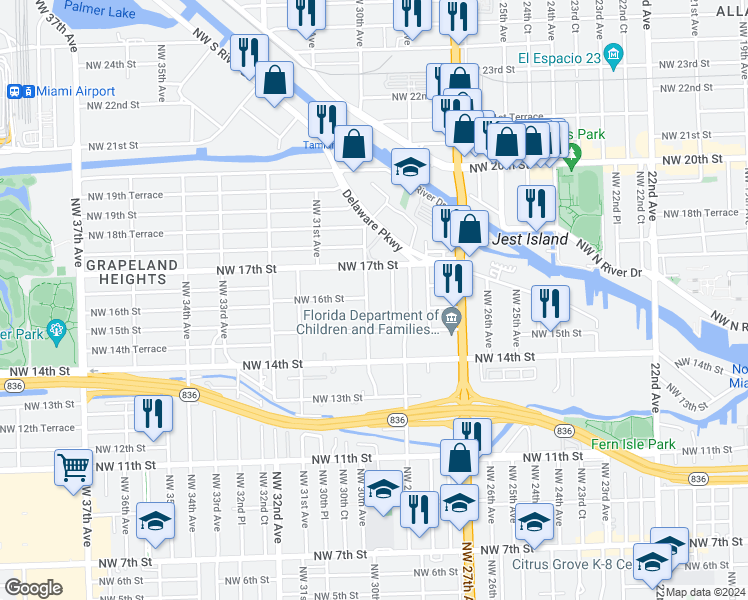map of restaurants, bars, coffee shops, grocery stores, and more near 3001 Northwest 16th Street in Miami