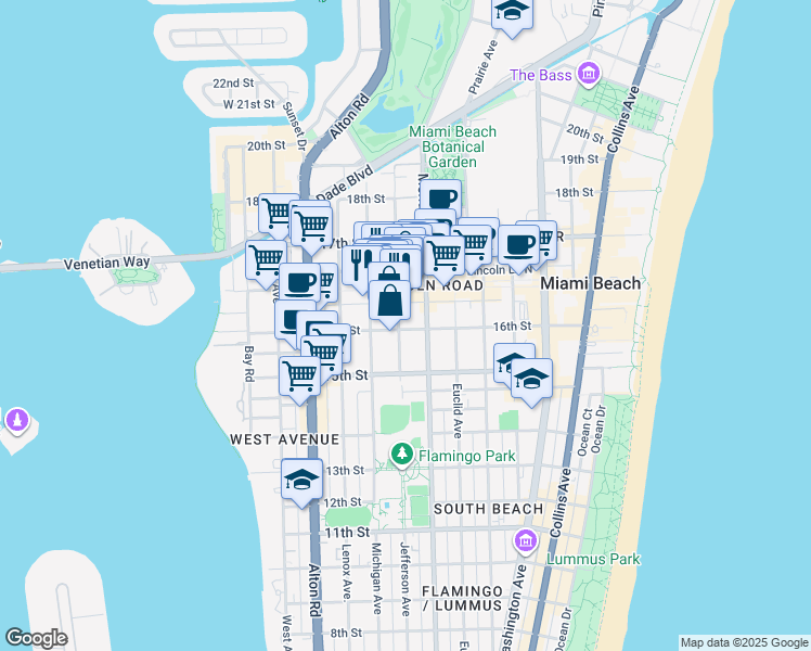 map of restaurants, bars, coffee shops, grocery stores, and more near 1615 Jefferson Avenue in Miami Beach