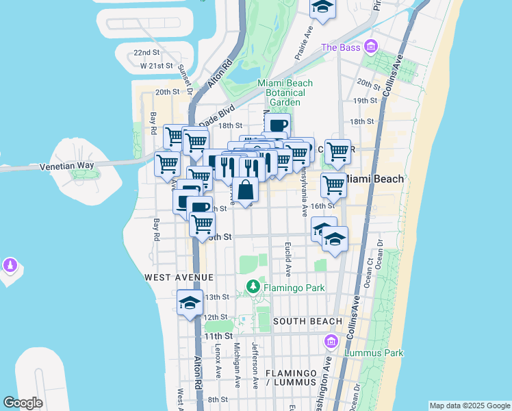 map of restaurants, bars, coffee shops, grocery stores, and more near 1603 Jefferson Avenue in Miami Beach