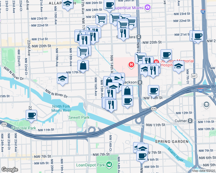 map of restaurants, bars, coffee shops, grocery stores, and more near 1540 Northwest 15th Street Road in Miami