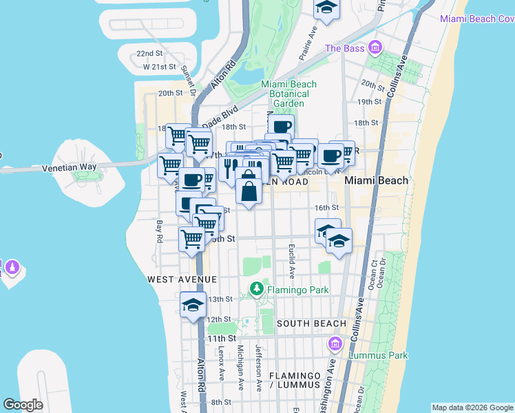 map of restaurants, bars, coffee shops, grocery stores, and more near 1615 Jefferson Avenue in Miami Beach