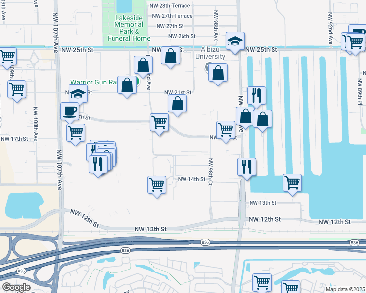 map of restaurants, bars, coffee shops, grocery stores, and more near 9950 Northwest 17th Street in Doral