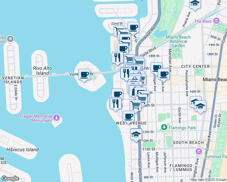 map of restaurants, bars, coffee shops, grocery stores, and more near 1445 16th Street in Miami Beach