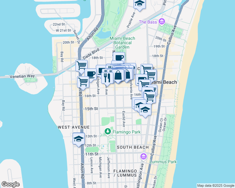 map of restaurants, bars, coffee shops, grocery stores, and more near 1601 Meridian Avenue in Miami Beach