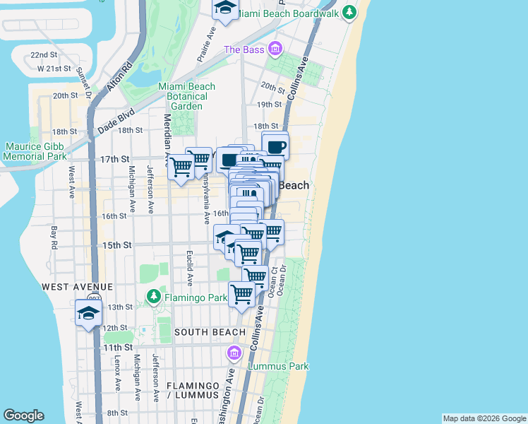 map of restaurants, bars, coffee shops, grocery stores, and more near 1601 Washington Avenue in Miami Beach