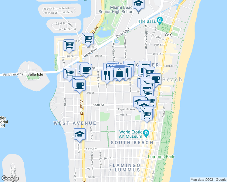 map of restaurants, bars, coffee shops, grocery stores, and more near 1611 Meridian Avenue in Miami Beach