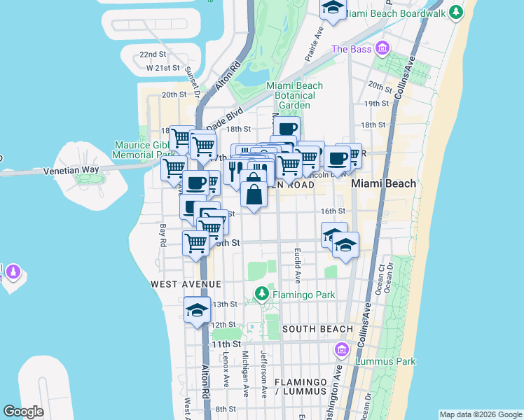 map of restaurants, bars, coffee shops, grocery stores, and more near 1615 Jefferson Avenue in Miami Beach