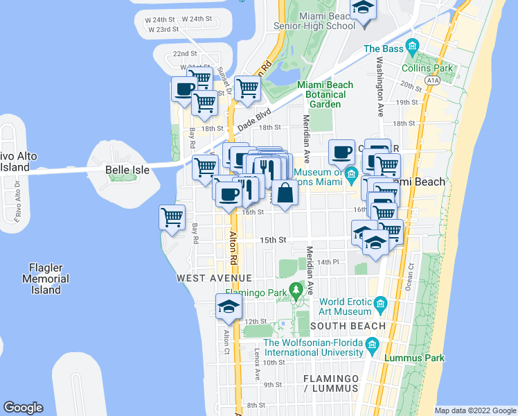 map of restaurants, bars, coffee shops, grocery stores, and more near 1610 Michigan Avenue in Miami Beach