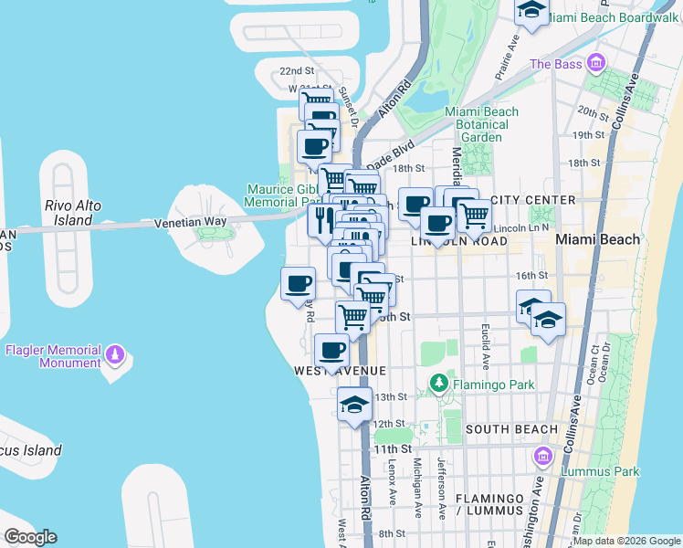 map of restaurants, bars, coffee shops, grocery stores, and more near 1615 West Avenue in Miami Beach