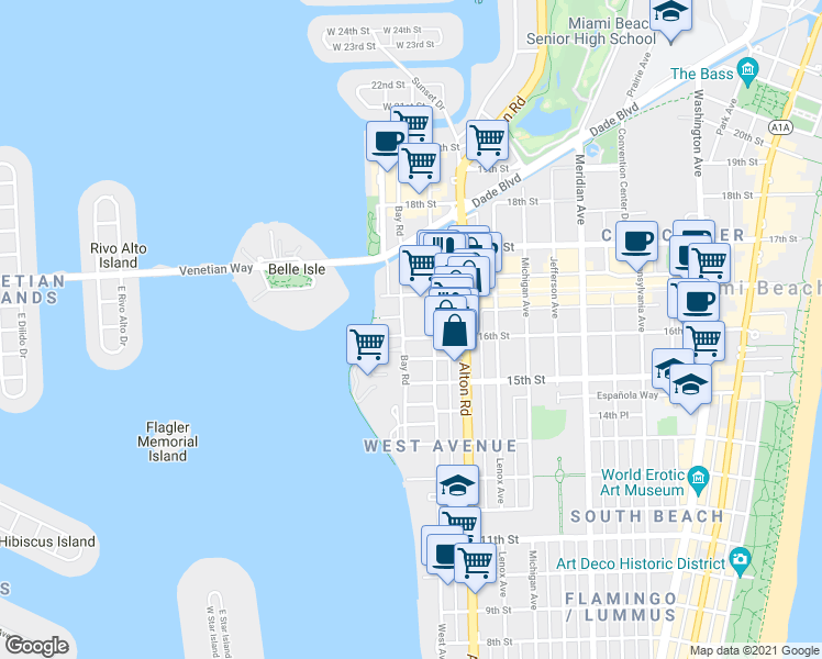 map of restaurants, bars, coffee shops, grocery stores, and more near 1621 Bay Road in Miami Beach