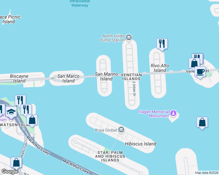 map of restaurants, bars, coffee shops, grocery stores, and more near 105 East San Marino Drive in Miami Beach