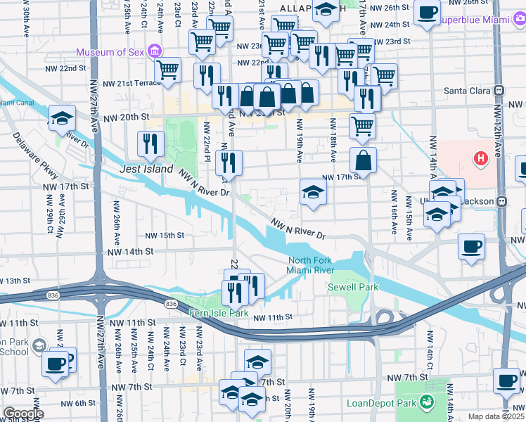 map of restaurants, bars, coffee shops, grocery stores, and more near 1921 Northwest North River Drive in Miami
