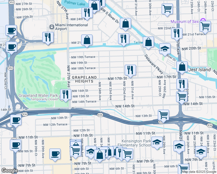 map of restaurants, bars, coffee shops, grocery stores, and more near 1630 Northwest 33rd Avenue in Miami