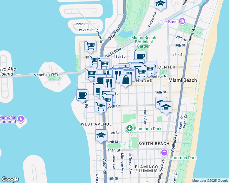 map of restaurants, bars, coffee shops, grocery stores, and more near 1610 Michigan Avenue in Miami Beach