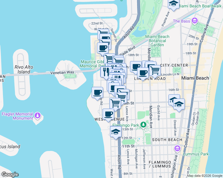 map of restaurants, bars, coffee shops, grocery stores, and more near 1615 West Avenue in Miami Beach