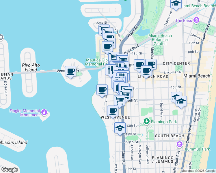 map of restaurants, bars, coffee shops, grocery stores, and more near 1621 Bay Road in Miami Beach