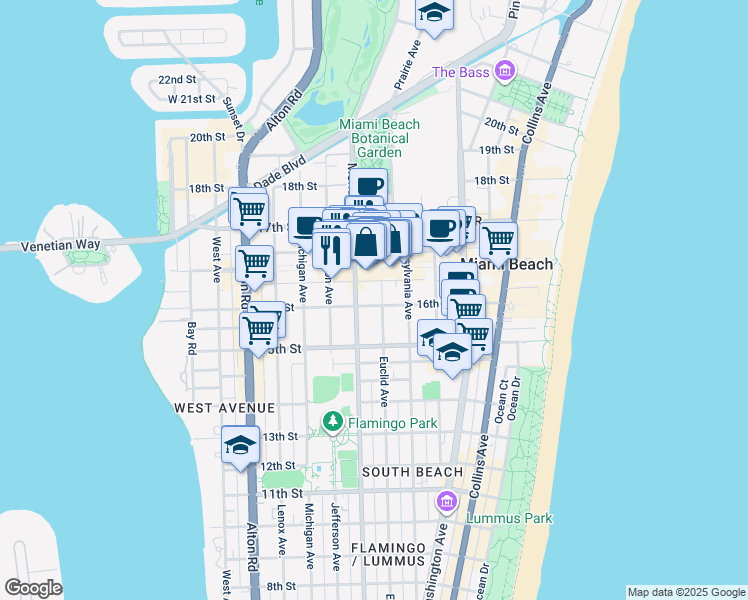 map of restaurants, bars, coffee shops, grocery stores, and more near 1611 Meridian Avenue in Miami Beach