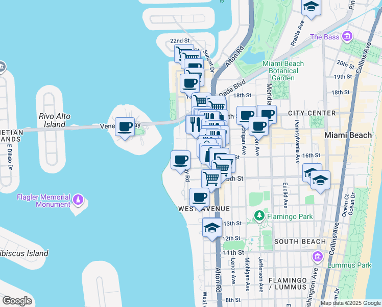 map of restaurants, bars, coffee shops, grocery stores, and more near 1621 Bay Road in Miami Beach