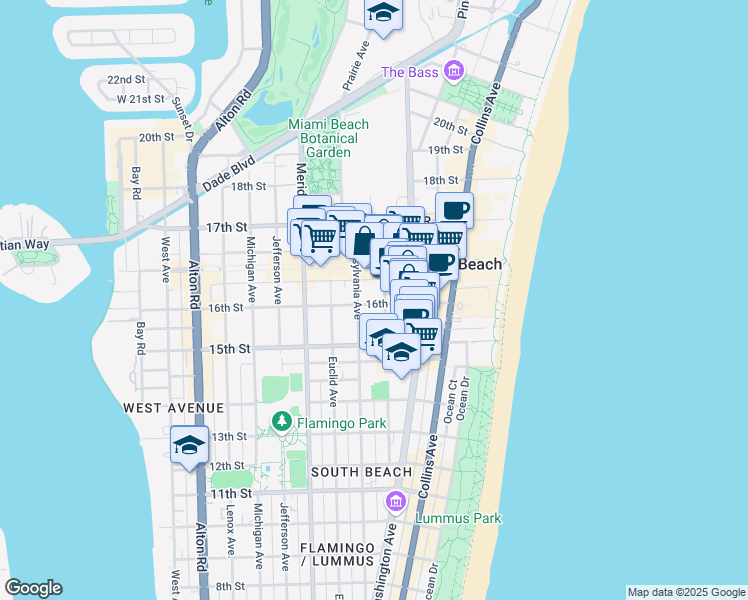 map of restaurants, bars, coffee shops, grocery stores, and more near 1608 Drexel Avenue in Miami Beach