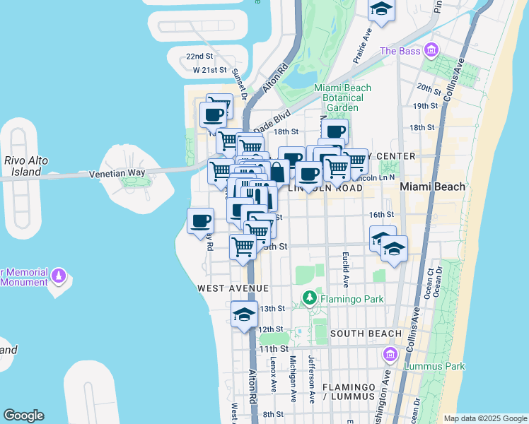 map of restaurants, bars, coffee shops, grocery stores, and more near 1040 Lincoln Road in Miami Beach