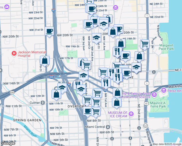 map of restaurants, bars, coffee shops, grocery stores, and more near 212 Northwest 15th Street in Miami