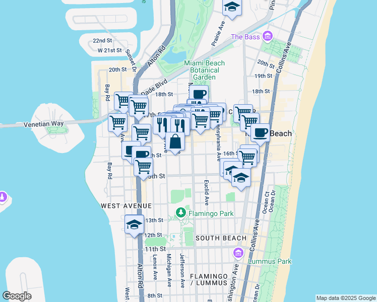 map of restaurants, bars, coffee shops, grocery stores, and more near 1602 Meridian Avenue in Miami Beach