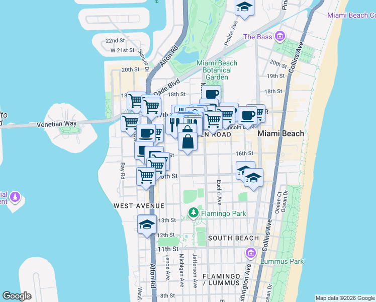 map of restaurants, bars, coffee shops, grocery stores, and more near 1615 Jefferson Avenue in Miami Beach