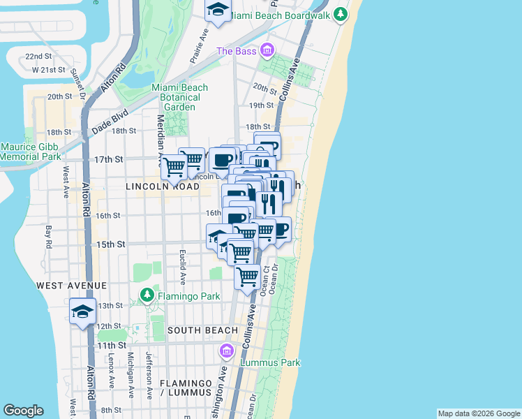 map of restaurants, bars, coffee shops, grocery stores, and more near 1601 Collins Avenue in Miami Beach