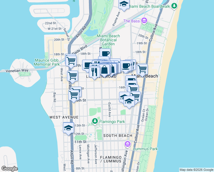 map of restaurants, bars, coffee shops, grocery stores, and more near 1611 Meridian Avenue in Miami Beach