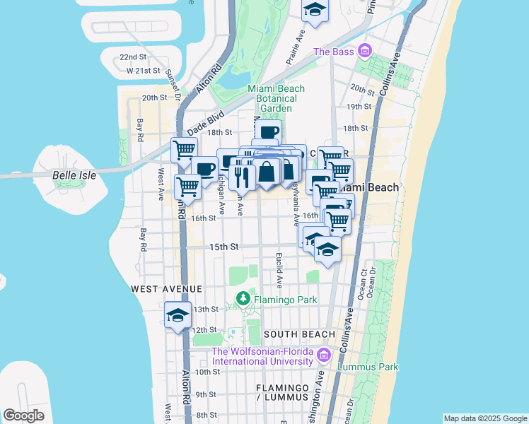 map of restaurants, bars, coffee shops, grocery stores, and more near 1611 Meridian Avenue in Miami Beach
