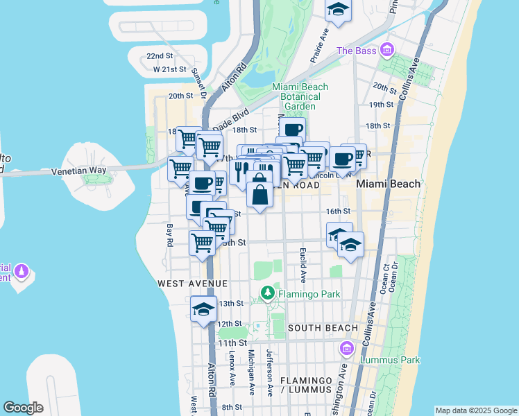 map of restaurants, bars, coffee shops, grocery stores, and more near 1615 Jefferson Avenue in Miami Beach