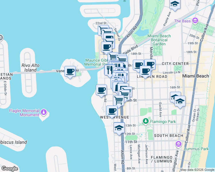 map of restaurants, bars, coffee shops, grocery stores, and more near 1621 Bay Road in Miami Beach