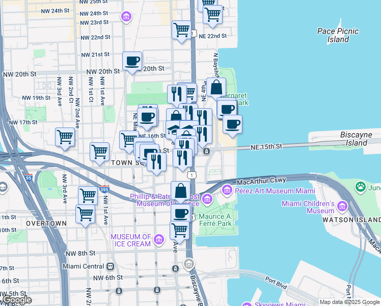 map of restaurants, bars, coffee shops, grocery stores, and more near 217 Northeast 15th Street in Miami