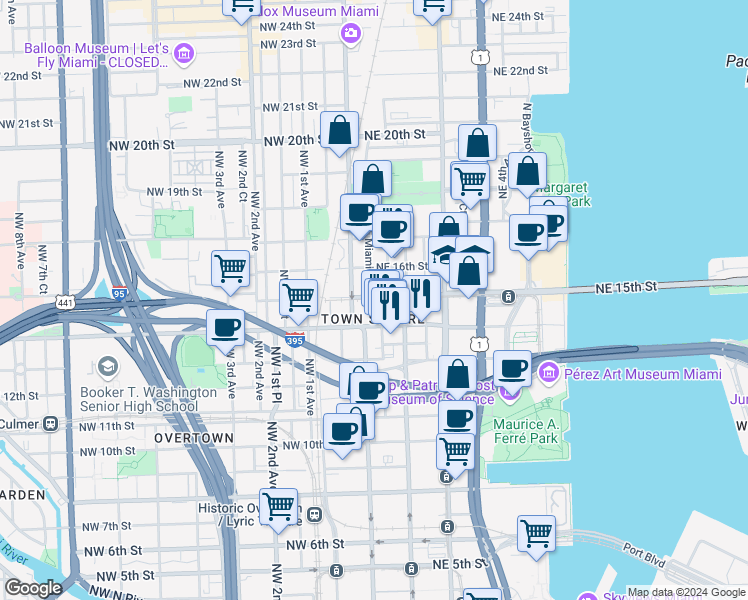 map of restaurants, bars, coffee shops, grocery stores, and more near 1500 Northeast Miami Place in Miami