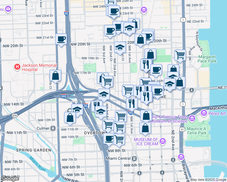 map of restaurants, bars, coffee shops, grocery stores, and more near 212 Northwest 15th Street in Miami