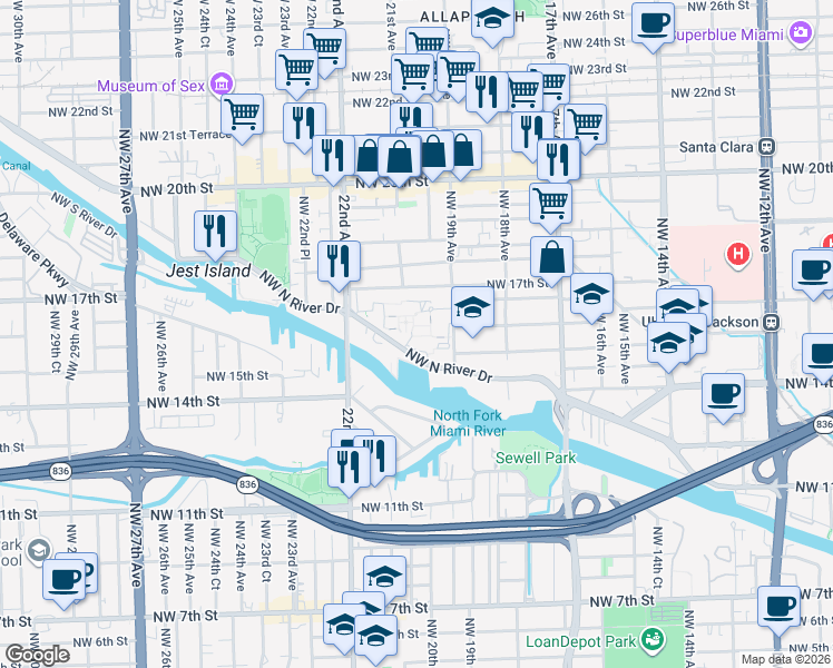 map of restaurants, bars, coffee shops, grocery stores, and more near 1921 Northwest North River Drive in Miami