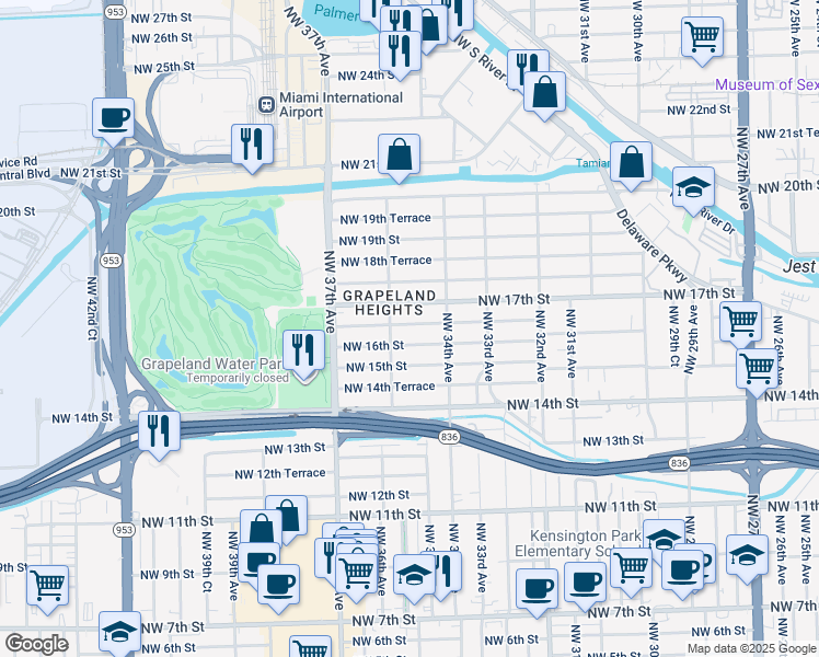 map of restaurants, bars, coffee shops, grocery stores, and more near 3527 Northwest 16th Terrace in Miami