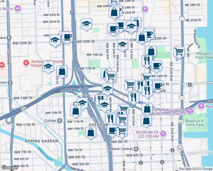 map of restaurants, bars, coffee shops, grocery stores, and more near 1490 Northwest 3rd Avenue in Miami