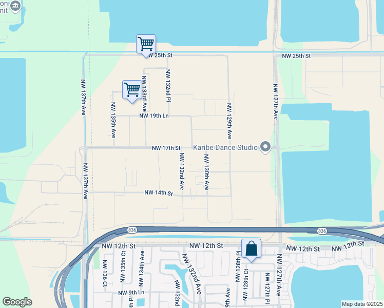 map of restaurants, bars, coffee shops, grocery stores, and more near 13190 Northwest 17th Street in Miami