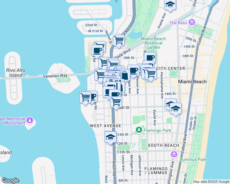 map of restaurants, bars, coffee shops, grocery stores, and more near 1040 Lincoln Road in Miami Beach