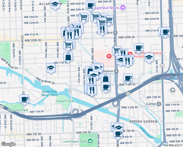 map of restaurants, bars, coffee shops, grocery stores, and more near 1545 Northwest 15th Street Road in Miami